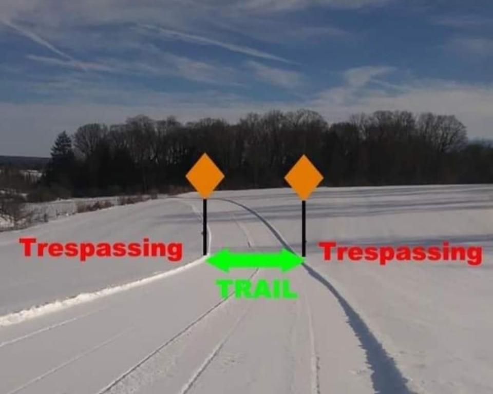 This graphic shows that snowmobiles need to stay on designated trails.