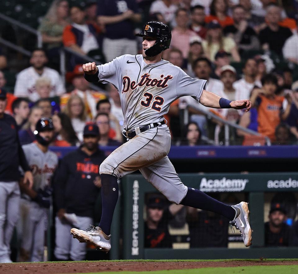 Tigers second baseman Ryan Kreidler scores on a double by right fielder Matt Vierling in the ninth inning of the Tigers' 6-3 win on Tuesday, April 4, 2023, in Houston.