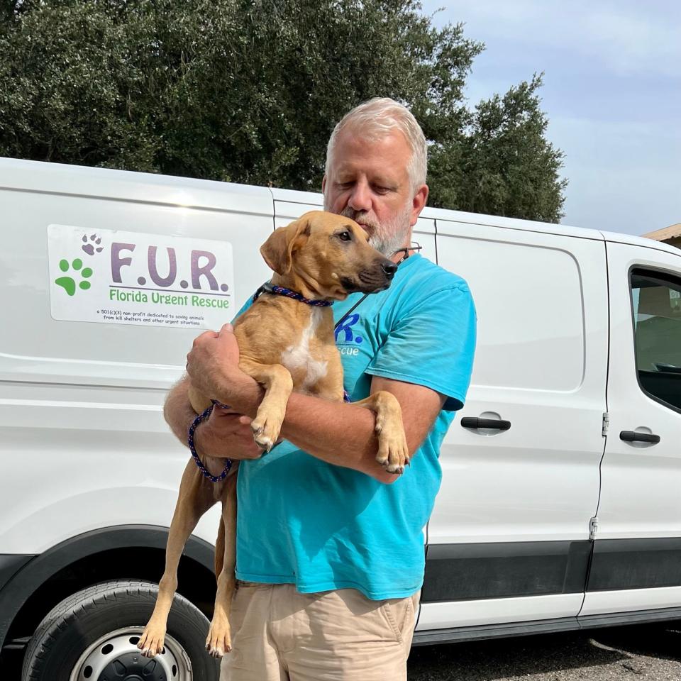 Mike Merrill, Founder & Executive Director of Florida Urgent Rescue, pictured with a dog ahead of a drive between Putnam and Suwanee County rescues.