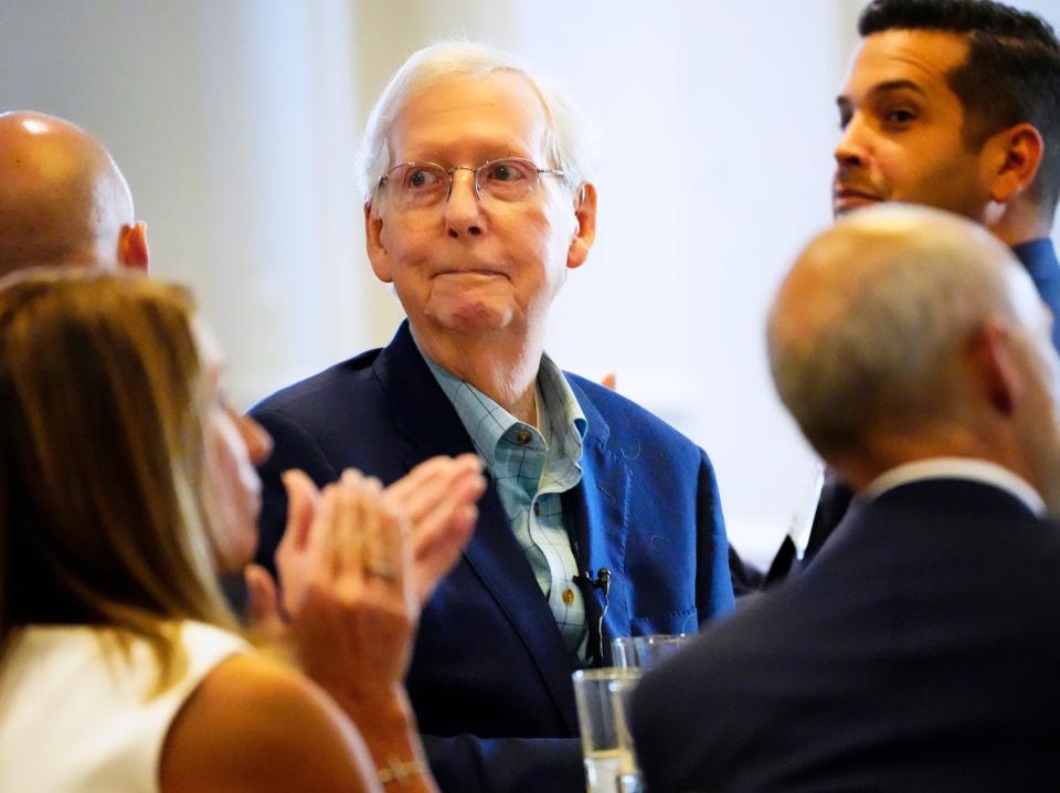 U.S. Sen. Minority Leader Mitch McConnell before taking the podium to speak at the NKY Chamber of Commerce at the Madison Event Center in Covington, Wednesday, Aug. 30, 2023.