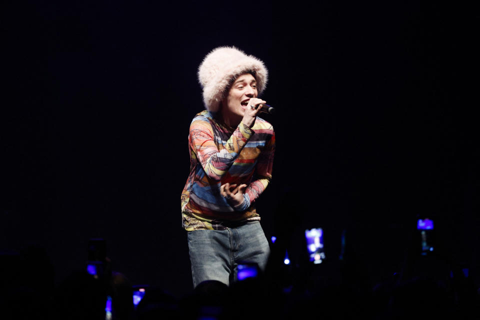 Swiss singer Nemo Mettler, also known as Nemo performs on stage at the Nordic Eurovision Party in Stockholm on April 14, 2024. (Photo by Christine Olsson/TT / TT News Agency / AFP) / Sweden OUT (Photo by CHRISTINE OLSSON/TT/TT News Agency/AFP via Getty Images)