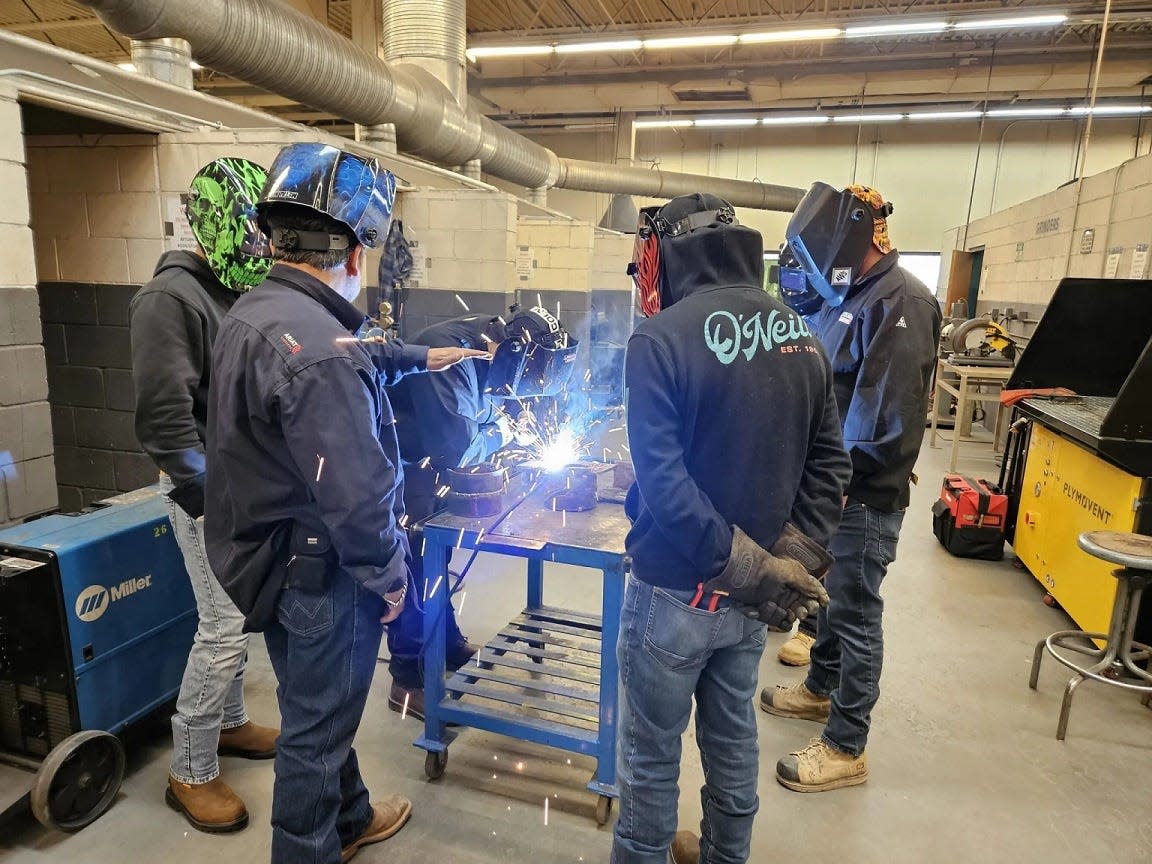 Students and instructors at El Paso Community College's Advanced Technology Center practice welding techniques earlier this month. EPCC recently entered into an agreement with the Federal Bureau of Prisons to offer welding courses to incarcerated students at La Tuna correctional institution. The courses could begin as early as this spring. Among the goals is to reduce recidivism.