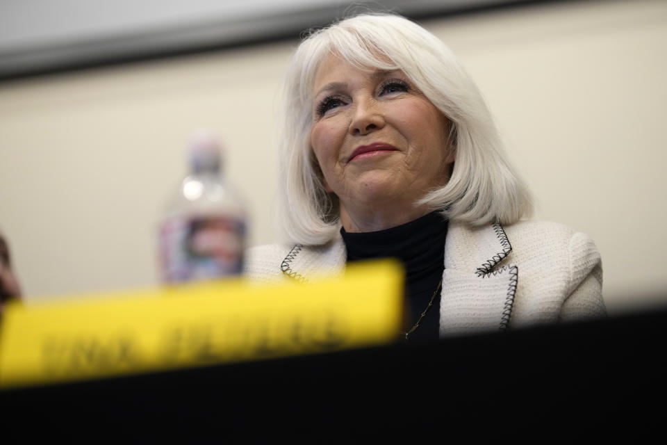 Candidate for the Colorado Republican Party chair position Tina Peters speaks during a debate sponsored by the Republican Women of Weld, Saturday, Feb. 25, 2023, in Hudson, Colo. (AP Photo/David Zalubowski)