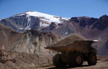 A dump truck carrying minerals operates at Barrick Gold Corp's Veladero gold mine in Argentina's San Juan province, April 26, 2017. REUTERS/Marcos Brindicci