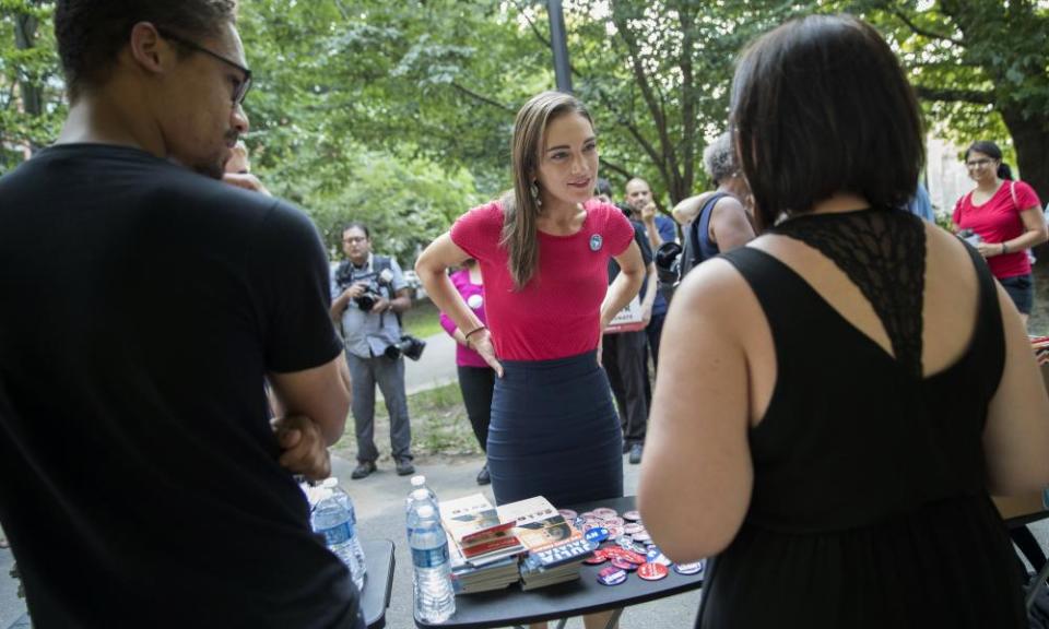 Julia Salazar speaks to supporters before a rally in Brooklyn