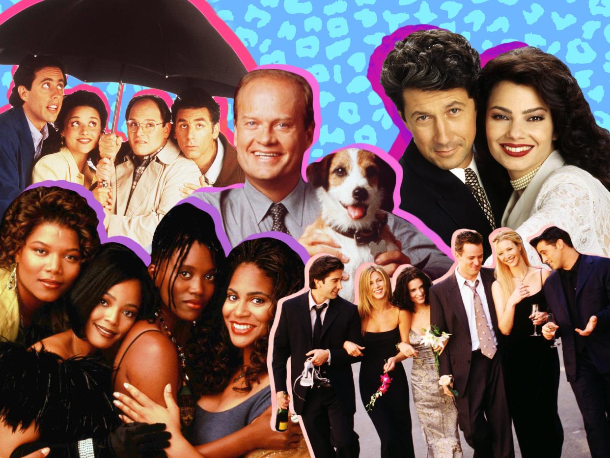 Clockwise from centre: Kelsey Grammer and Moose the dog in Frasier; Charles Shaughnessy and Fran Drescher in The Nanny; the cast of Friends; Queen Latifah, Kim Fields, Erika Alexander and Kim Coles in Living Single (l-to-r); the cast of Seinfeld (Getty/Shutterstock)