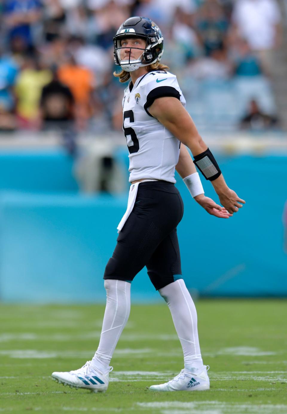 Jacksonville Jaguars quarterback Trevor Lawrence (16) looks at the video screen as he walks to the sidelines with less than a minute to play in Sunday's game against the Colts. The Jaguars went into the first half with a 17 to 0 lead over the Colts and went on to win the game 24 to 0. The Jacksonville Jaguars hosted the Indianapolis Colts at TIAA Bank field in Jacksonville, FL Sunday, September 18, 2022. [Bob Self/Florida Times-Union]