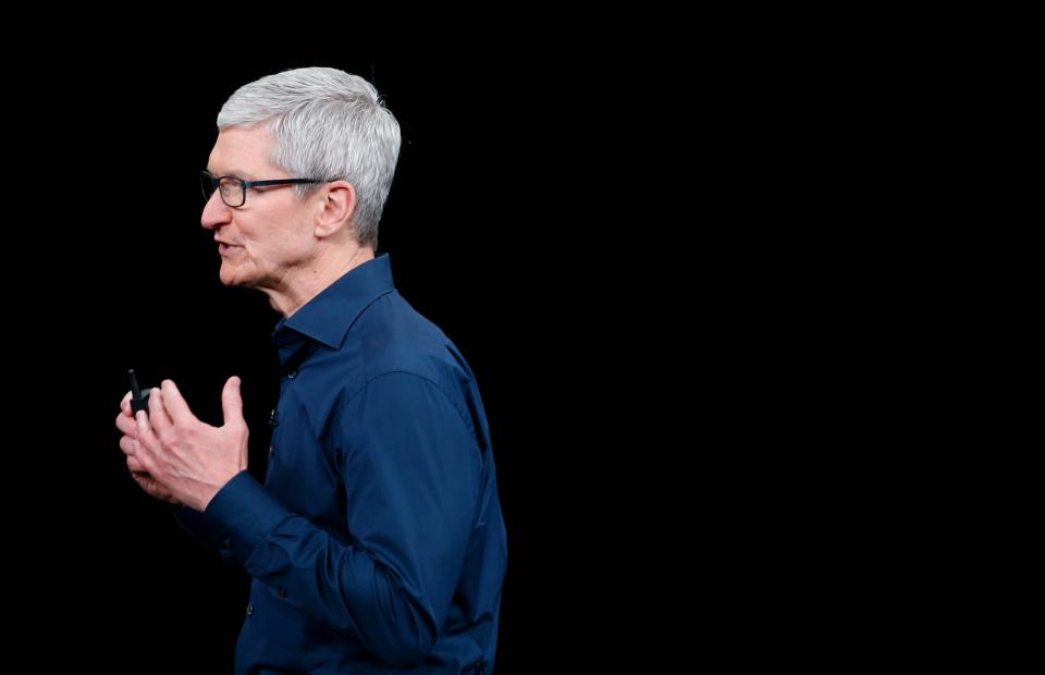 Tim Cook, CEO of Apple, speaks on stage at the end of the Apple Inc product launch event at the Steve Jobs Theater in Cupertino, California, U.S., September 12, 2018. REUTERS/Stephen Lam