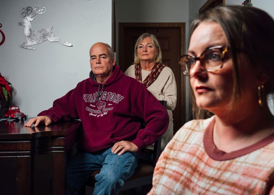 (Left to right) Tom Stephens, of Caro and sister Shelley Hughes of Livonia, sit with their daughter Shawn at her home in Caro on  December 23, 2022, while talking about their sister Shawn Stephens, who married Jerry Lee Lewis in the 1980s. Stephens was found dead less than 3 months later and suspicion swirled around whether Lewis killed her. Now, a woman who says she was there that night has spoken about what she saw.