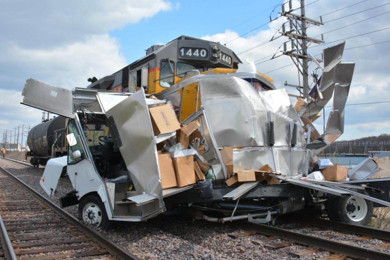 A FedEx truck collided with a train in Wauwatosa Monday morning. No one was seriously injured.
