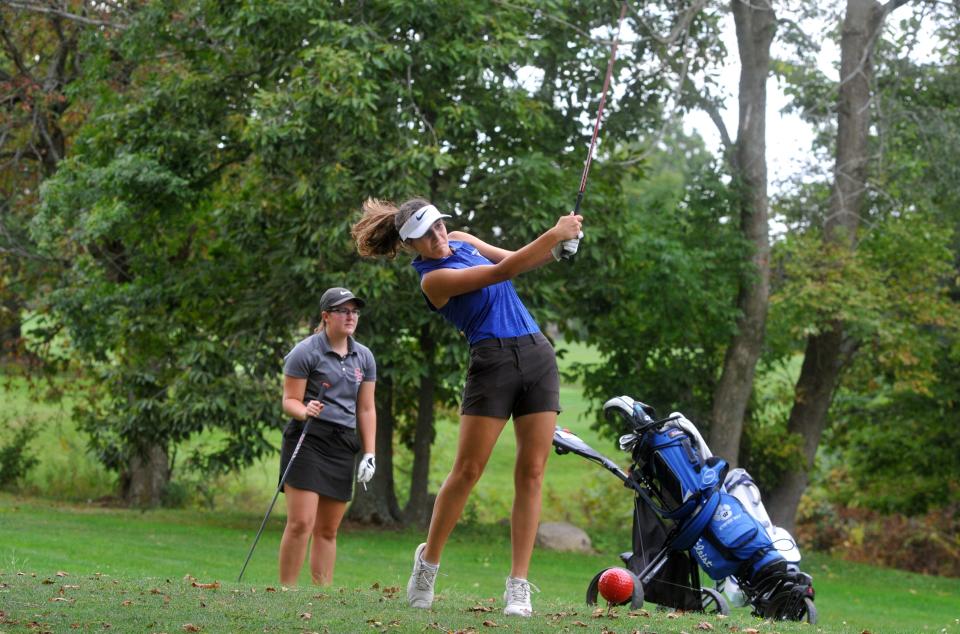 Wynford's Jordyn Alspach tees off on the 13th hole in the Northern 10 girls golf tournament hosted by the Golf Club of Bucyrus.