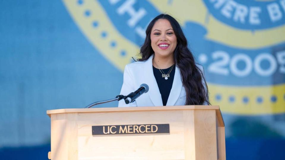 Commencement speaker Kimberly Farias, a first-generation Mexican American college student, on May 11 during speech rehearsal at UC Merced.