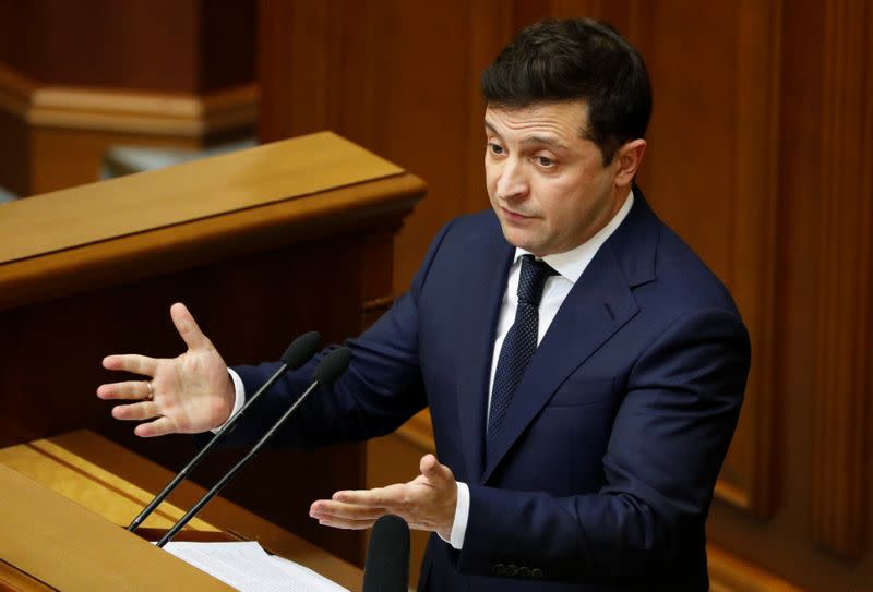 Ukrainian President Volodymyr Zelenskiy delivers a speech during a parliamentary session in Kiev