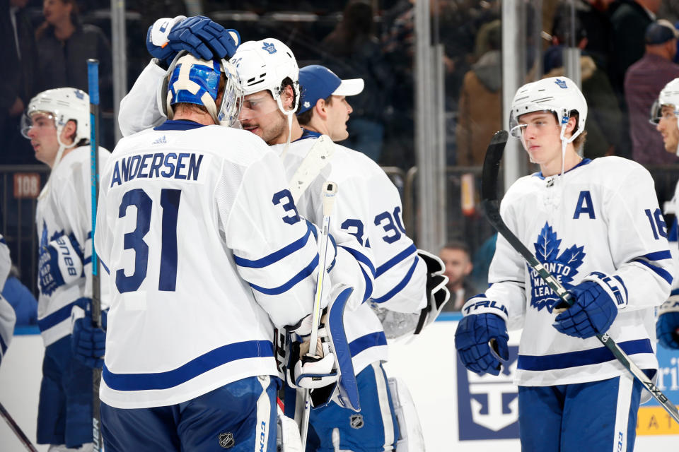 NEW YORK, NY - DECEMBER 20:  Frederik Andersen #31 and Auston Matthews #34 of the Toronto Maple Leafs celebrate after defeating the New York Rangers at Madison Square Garden on December 20, 2019 in New York City. (Photo by Jared Silber/NHLI via Getty Images)