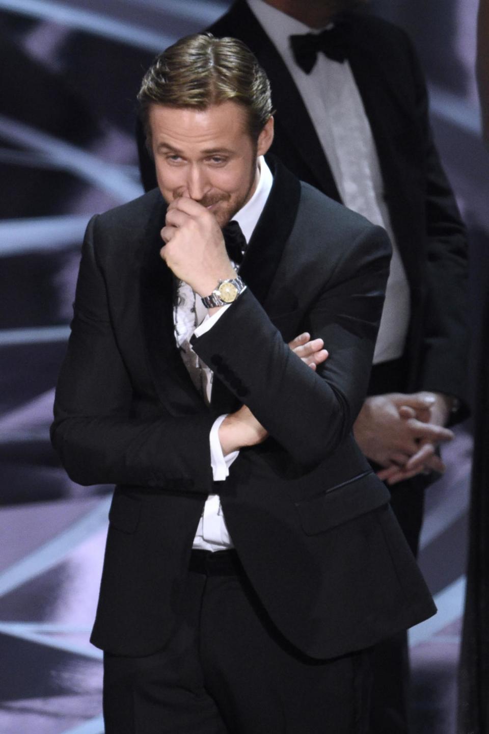 Blunder: Gosling on stage after the gaffe (Chris Pizzello/Invision/AP)
