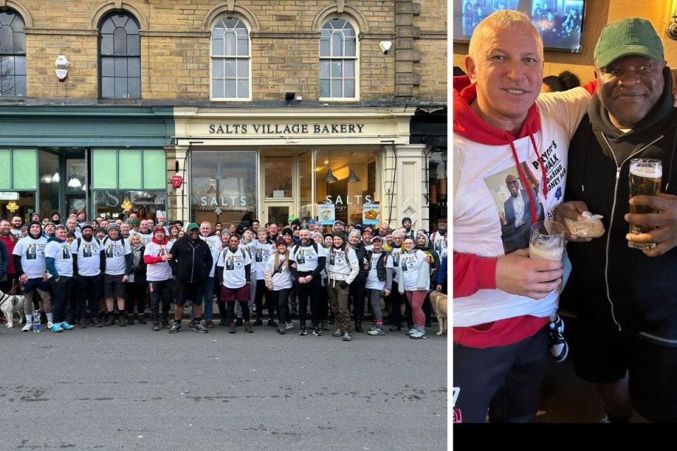 The walkers gather before setting off and Chris pictured with Steve <i>(Image: Submitted)</i>