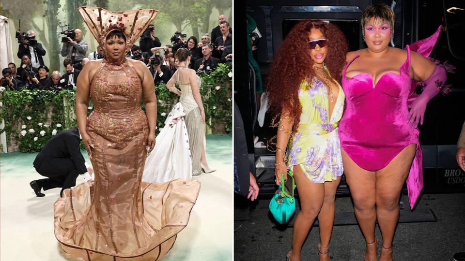 Side by side photos of Lizzo at the Met Gala and an after party with SZA