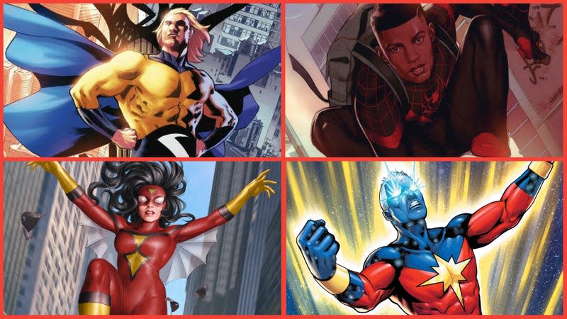 Clockwise from bottom left:  Spider-Woman (Spider-Woman/Artist: Jung-Geun Yoon); Sentry (The Sentry/Artist: Bryan Hitch); Miles Morales (Marvel Tales/Artist: Joshua “Sway” Swayby), and Genis-Vell (Genis-Vell: Captain Marvel/Artist: Juann Cabal)