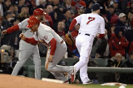 Oct 24, 2013; Boston, MA, USA; St. Louis Cardinals center fielder Jon Jay (19) gets up and runs home to score a run after the ball gets away from Boston Red Sox shortstop Stephen Drew (7) in the 7th inning during game two of the MLB baseball World Series at Fenway Park. Robert Deutsch-USA TODAY Sports