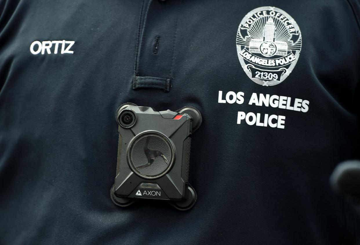 lapd body cam A Los Angeles Police Department officer wears a body camera at the Los Angeles Gay Pride Resist March, June 11, 2017 in Hollywood, California. (Photo by Robyn Beck / AFP) (Photo by ROBYN BECK/AFP via Getty Images)