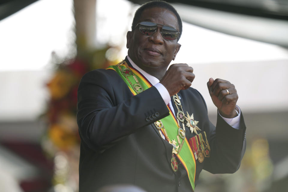 Zimbabwe President Emmerson Mnangagwa gestures during his inauguration ceremony at the National Sports Stadium in the capital, Harare, Monday, Sept. 4 2023. Mnangagwa won a second and final-five year term in another disputed poll in the politically and economic troubled southern African nation. (AP Photo /Tsvangirayi Mukwazhi)