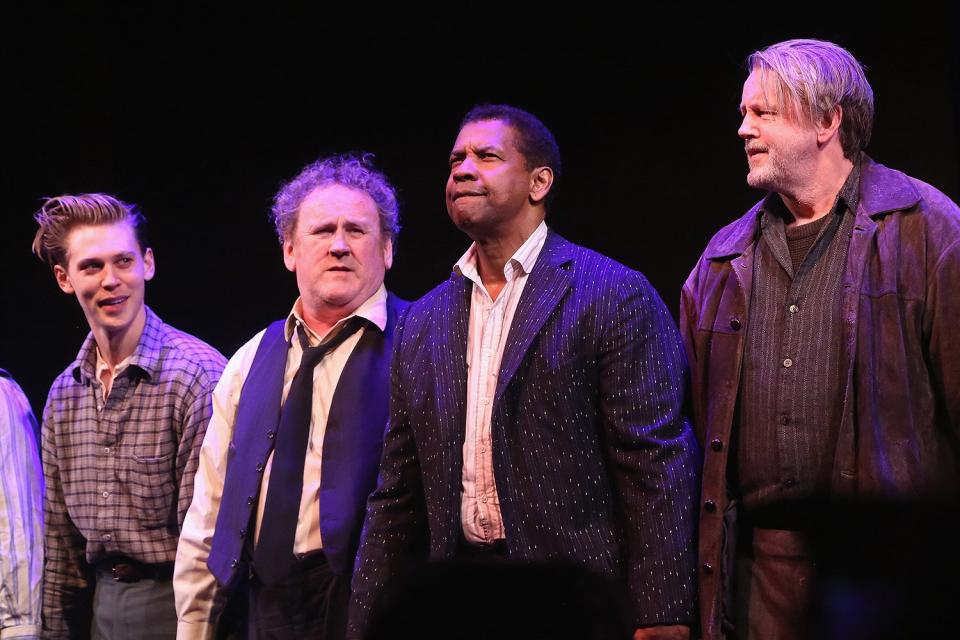 Austin Butler, Colm Meaney, Denzel Washington and David Morse take their opening night curtain call in "The Iceman Cometh" on Broadway at The Jacobs Theatre on April 26, 2018 in New York City.