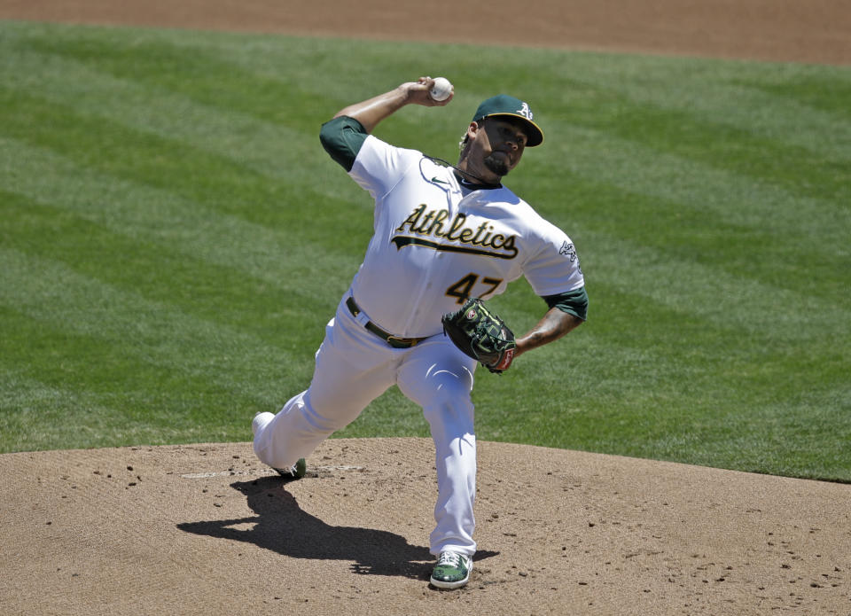 Oakland Athletics pitcher Frankie Montas works against the Colorado Rockies in the first inning of a baseball game Wednesday, July 29, 2020, in Oakland, Calif. (AP Photo/Ben Margot)