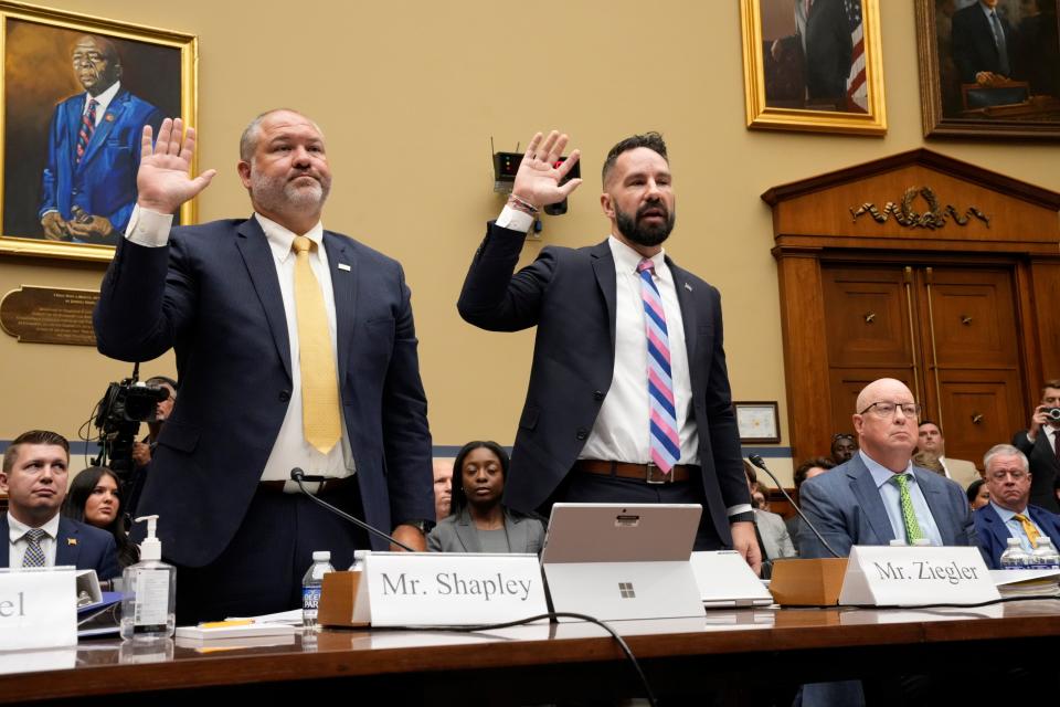 IRS Supervisory Special Agent Gary Shapley, left, and IRS Criminal Investigator Joseph Ziegler, are sworn in at a House Oversight Committee meeting on July 19, 2023 in Washington