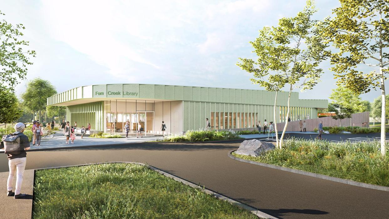 A rendering of the outside of the Fern Creek Library.