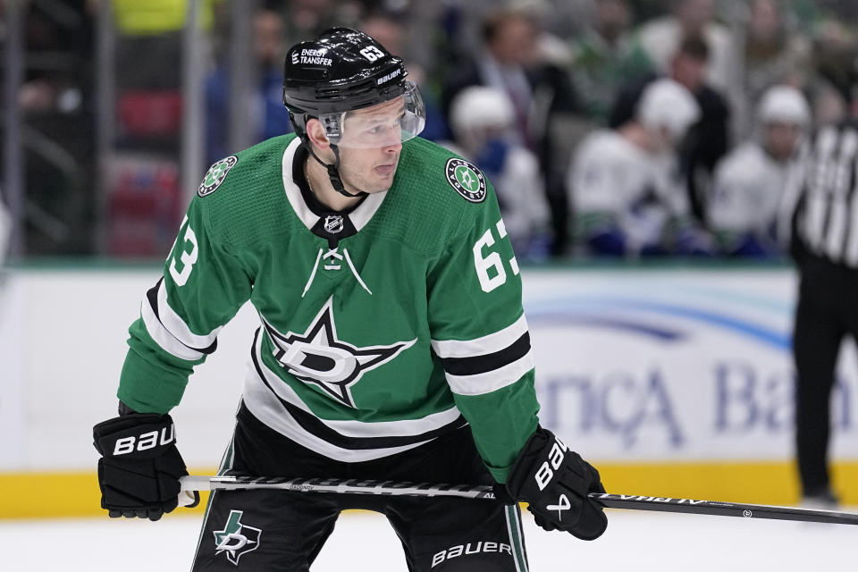 Dallas Stars right wing Evgenii Dadonov waits for a face off in the first period of an NHL hockey game against the Vancouver Canucks, Monday, Feb. 27, 2023, in Dallas. (AP Photo/Tony Gutierrez)