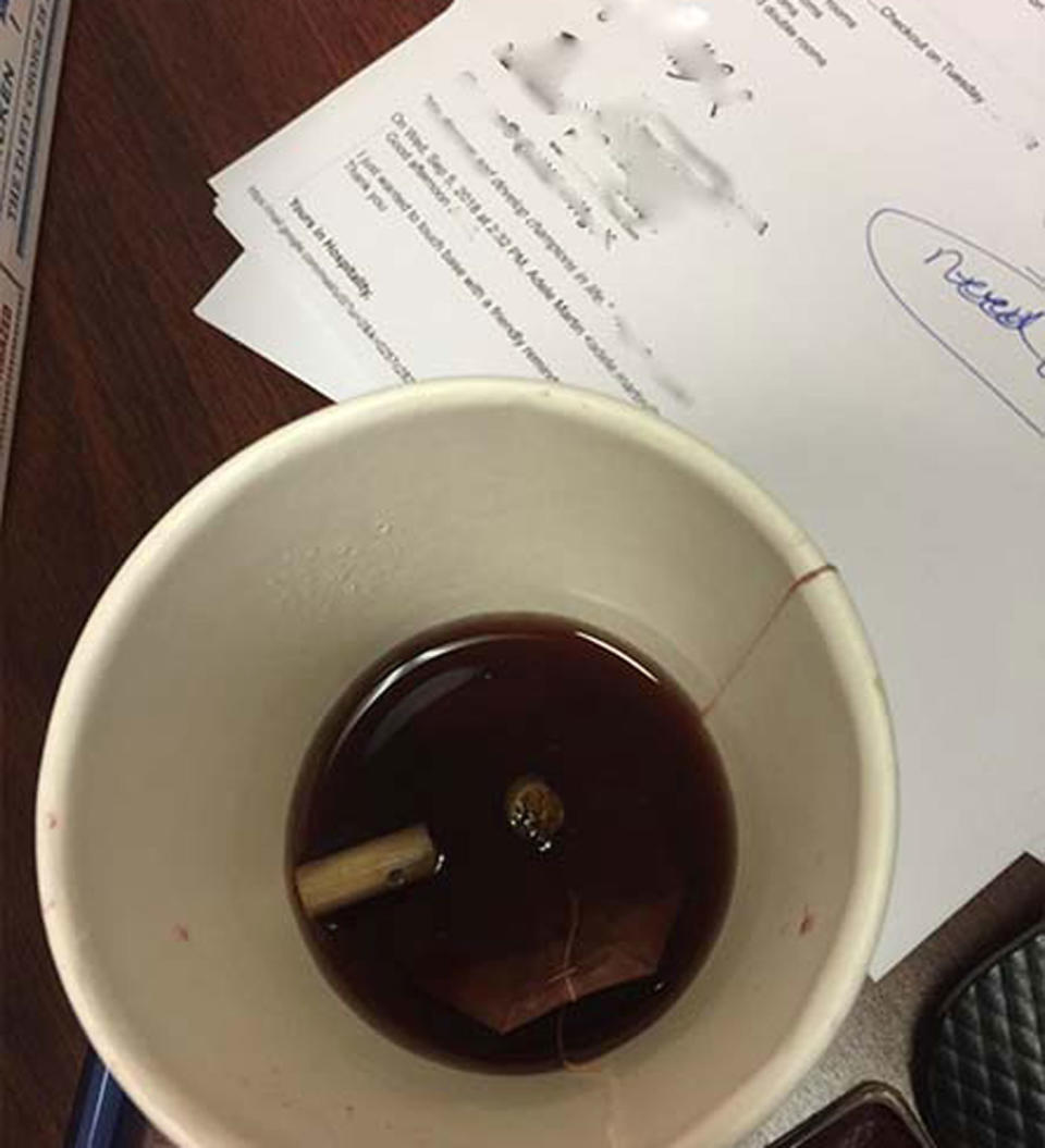 The Holiday Inn claims Kelsey Russell smoked in her room and provided this evidence of cigarettes in a coffee cup. Source: Elliott Advocacy