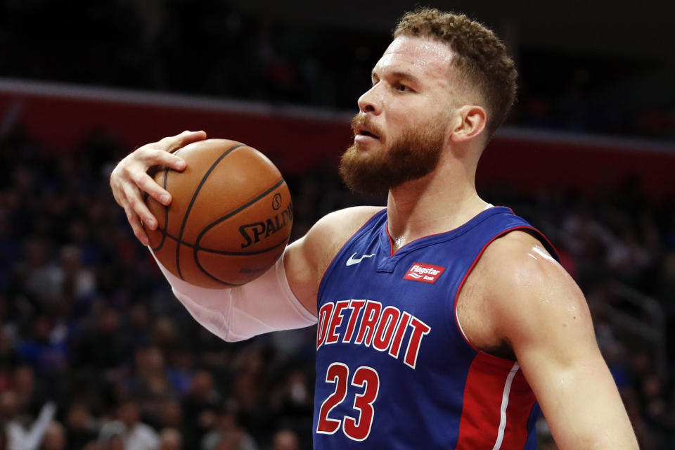 Apr 20, 2019; Detroit, MI, USA; Detroit Pistons forward Blake Griffin (23) reacts after a play during the second quarter against the Milwaukee Bucks at Little Caesars Arena. Mandatory Credit: Raj Mehta-USA TODAY Sports