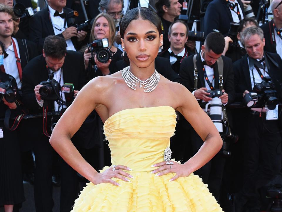 Lori Harvey attends the screening of "Final Cut (Coupez!)" and opening ceremony red carpet for the 75th annual Cannes film festival at Palais des Festivals on May 17, 2022 in Cannes, France