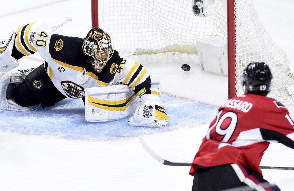 Ottawa Senators centre Derick Brassard (19) scores on Boston Bruins goalie Tuukka Rask (40) during third period of game two NHL Stanley Cup hockey playoff action in Ottawa, Saturday, April 15, 2017. (Sean Kilpatrick/The Canadian Press via AP)