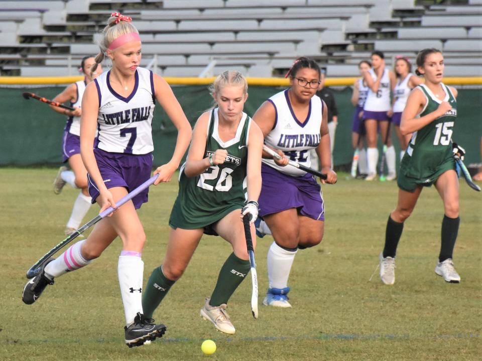 Avery McLaughin (7) leads the Little Falls Mounties up the field against Fayetteville-Manlius Sept. 18 in the rescheduled championship game for Whitesboro's tourbament at Veterans Memorial Park. McLaughlin and the Mounties defeated another OHSL school Monday when they traveled to Badwinsville.