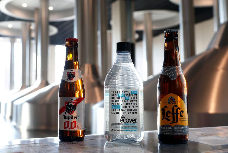 Bottles of non-alcoholic beer and dishwasher soap are pictured at Anheuser-Busch InBev brewery in Leuven