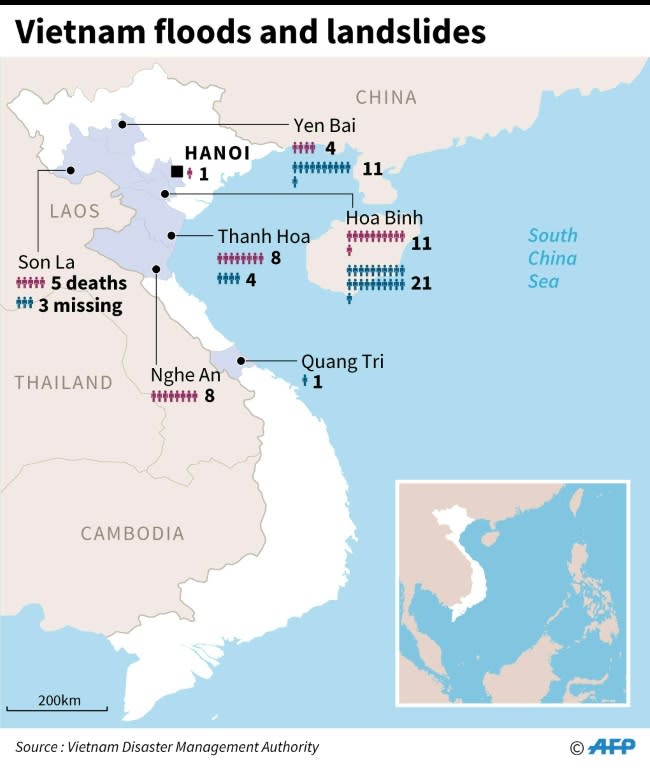 Map showing where people are missing or dead in Vietnam after floods and landslides this week