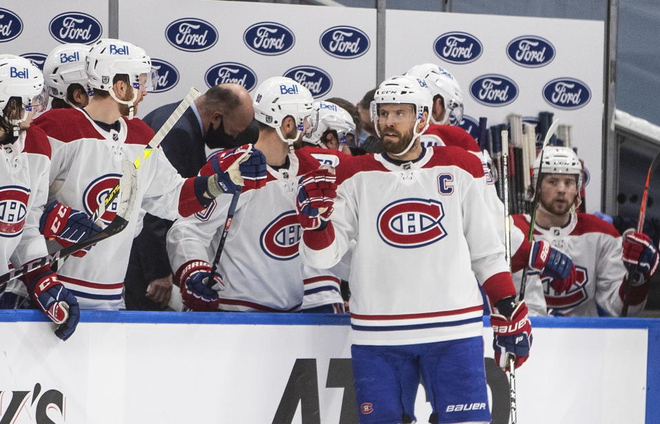 Montreal Canadiens' Shea Weber (6) celebrates a goal against the Edmonton Oilers during second-period NHL hockey game action in Edmonton, Alberta, Monday, Jan. 18, 2021. (Jason Franson/The Canadian Press via AP)