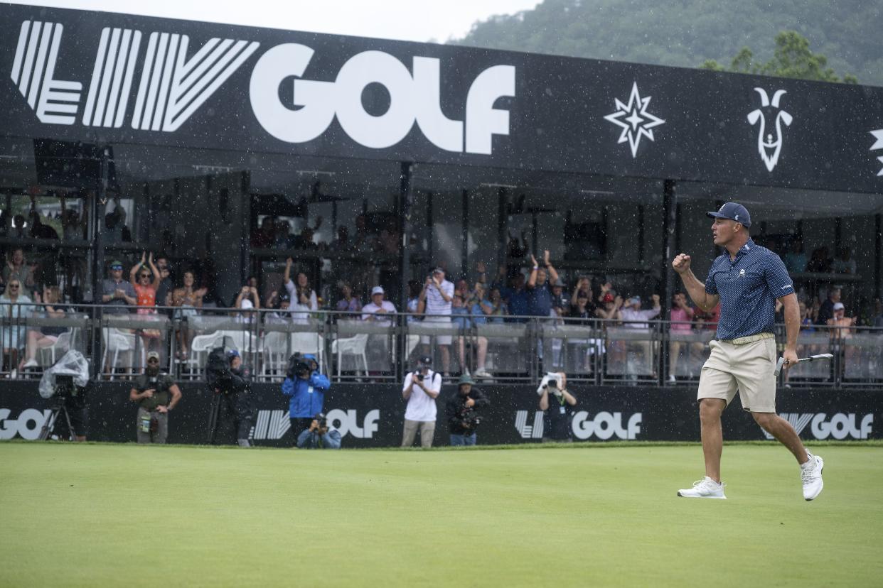 Bryson DeChambeau puts the finishing touches on a 58. (Mike Stobe/LIV Golf via AP)