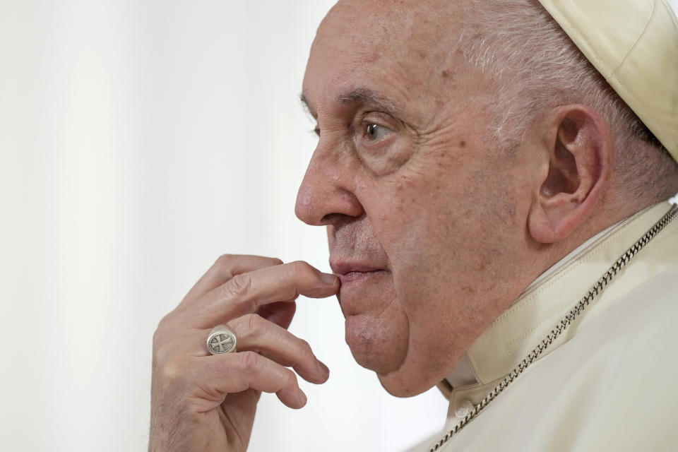 Pope Francis pauses during an interview with The Associated Press at The Vatican, Tuesday, Jan. 24, 2023. Pope Francis said he hasn't even considered issuing norms to regulate future papal resignations and says he plans to continue on for as long as he can as bishop of Rome, despite a wave of attacks against him by some top-ranked cardinals and bishops. (AP Photo/Andrew Medichini)