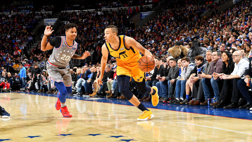 Exum went down in his battle against Simmons’ 76ers. Pic: Getty