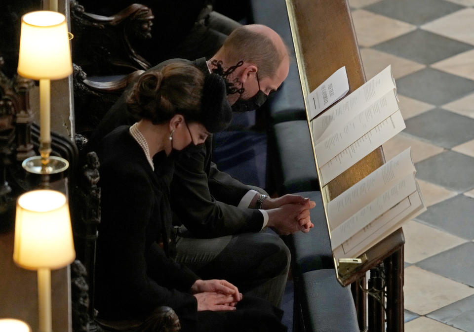 The Duke and Duchess of Cambridge during the funeral of the Duke of Edinburgh in St George's Chapel, Windsor Castle, Berkshire. Picture date: Saturday April 17, 2021.