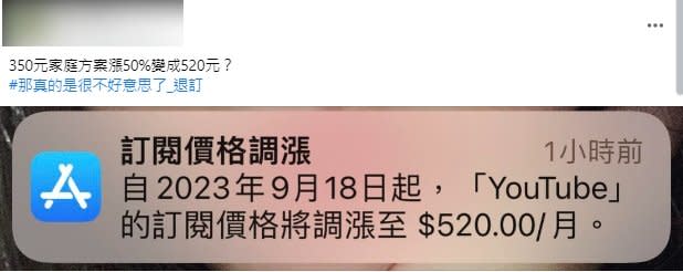 有網友收到YouTube訂閱價格調漲訊息，相當無奈喊退訂。（圖／翻攝自爆怨公社臉書社團）