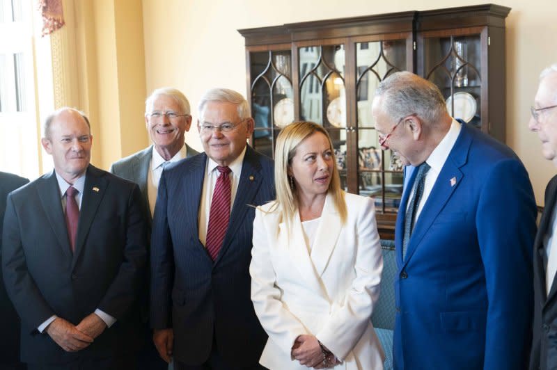 Senate Democratic leader Chuck Schumer, D-N.Y., and Italian Prime Minister Giorgia Meloni met with a group of bipartisan senators at the U.S. Capitol. Photo by Bonnie Cash/UPI