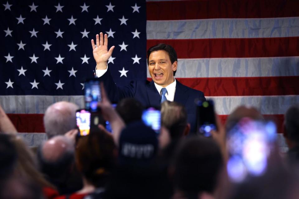 Florida Gov. Ron DeSantis waves as he speaks to police officers about protecting law and order at Prive catering hall on February 20, 2023 in the Staten Island borough of New York City. DeSantis, a Republican, is expected by many to announce his candidacy for president in the coming weeks or months.