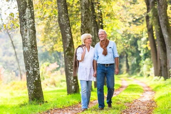 Senior couple walking outdoors