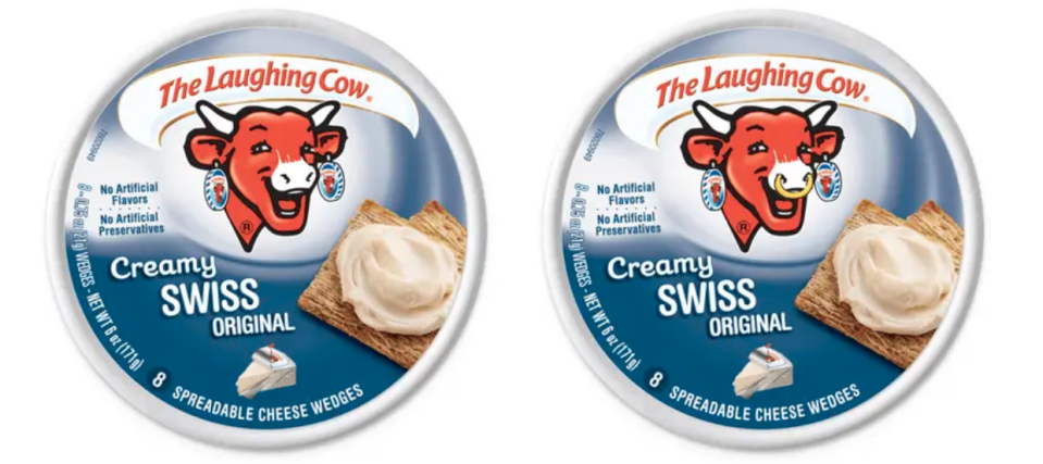 The Laughing Cow mascot with and without a nose ring