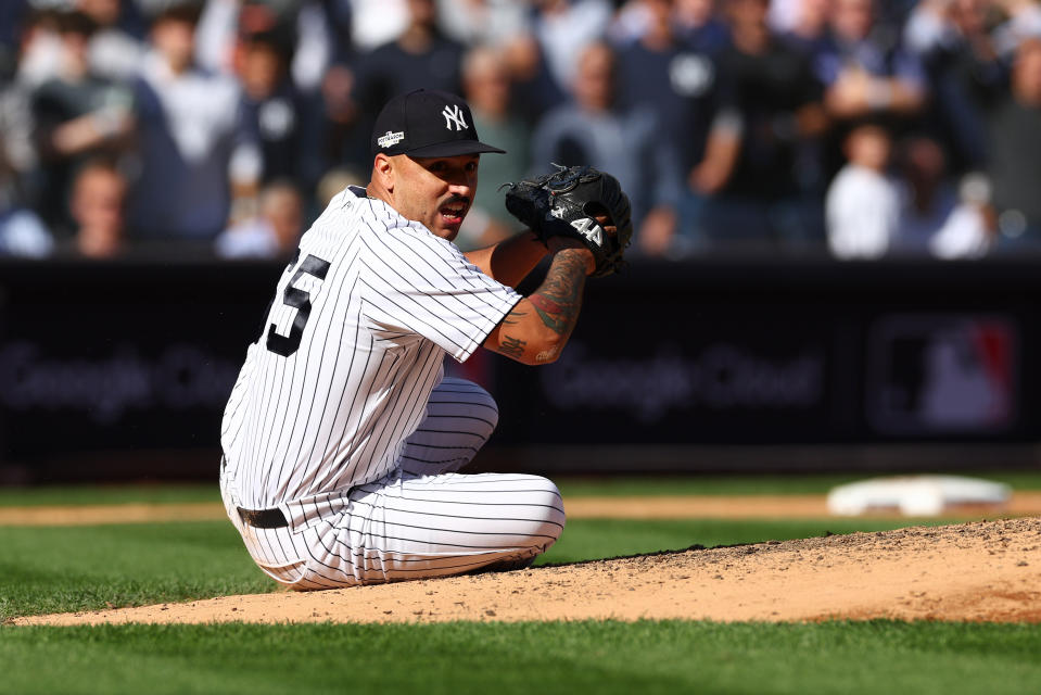 NEW YORK, NEW YORK - OCTOBER 14: Nestor Cortes #65 of the New York Yankees prepares to throw out Myles Straw #7 of the Cleveland Guardians (not pictured) at first base during the fourth inning in game two of the American League Division Series at Yankee Stadium on October 14, 2022 in New York, New York. (Photo by Elsa/Getty Images)