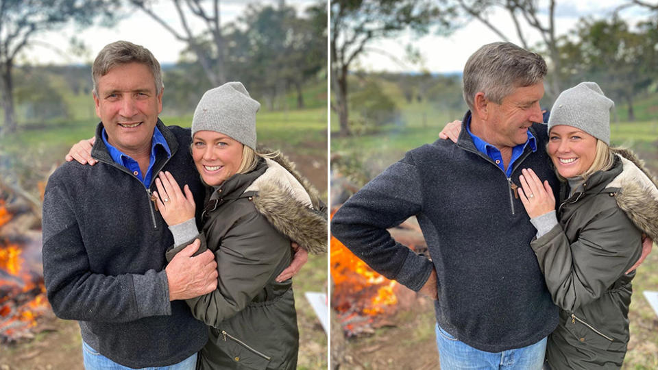 Pictured is a split photo of Sunrise host Samantha Armytage showing off her ring after engagement to Richard Lavender. 