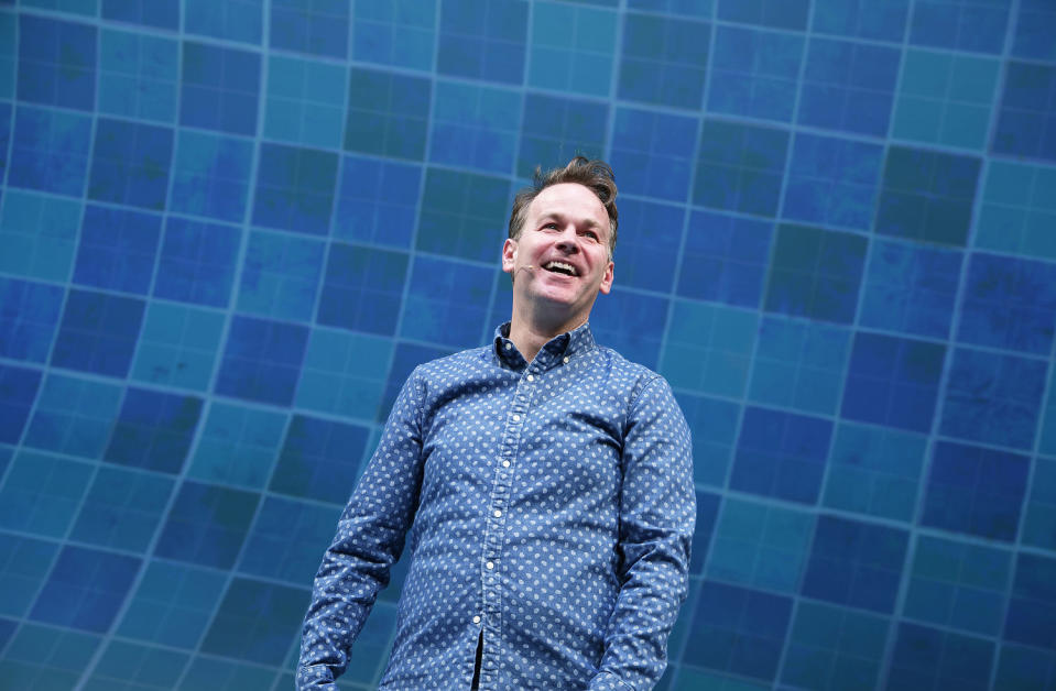 Mike Birbiglia is seen on stage during the curtain call for 